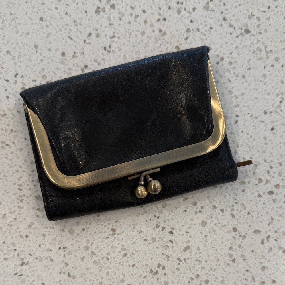 HOBO Black Leather Wallet with Gold Zipper